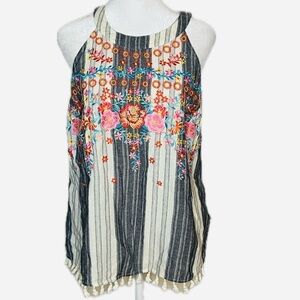 Savanna Jane Striped Boho Embroidered Tassel Hem Tank Top - Size Large